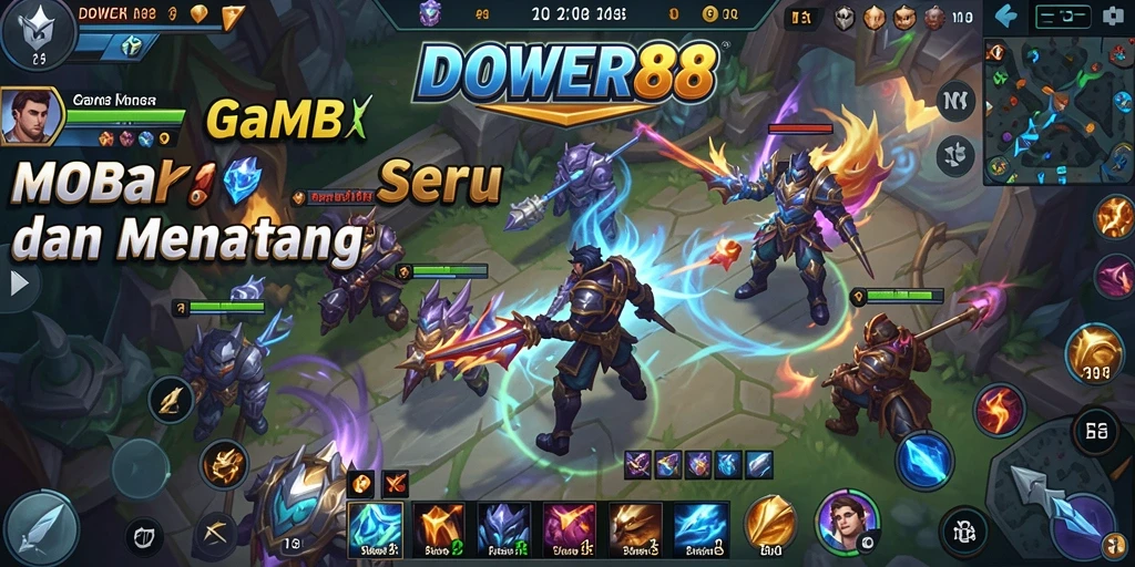 Screenshot gameplay DOWER88 dengan karakter heroik dalam pertempuran MOBA.