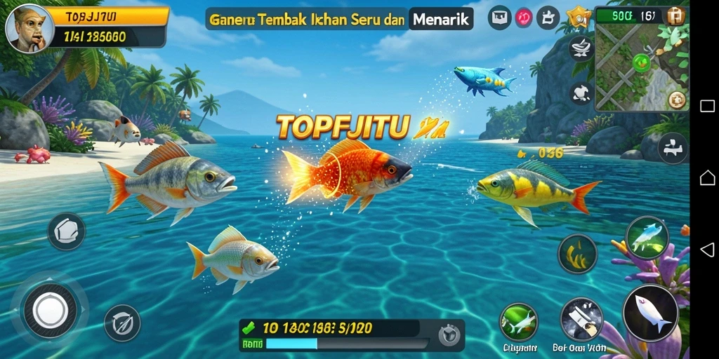 Tangkapan layar utama gameplay TOPJITU yang menampilkan aksi seru Tembak Ikan.